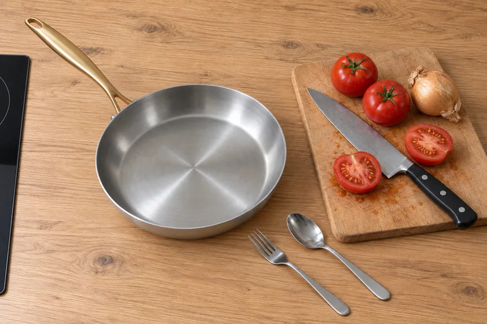 Familles d'inox en cuisine : une poêle en inox à trois couches, une fourchette, une cuillère et un couteau sur un plan de travail