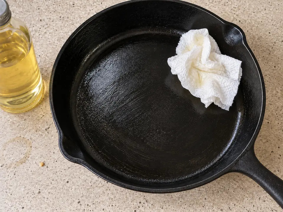 Huile pour culotter une poêle en fonte : un film d'huile de tournesol étalé dans la poêle, le papier absorbant encore dedans