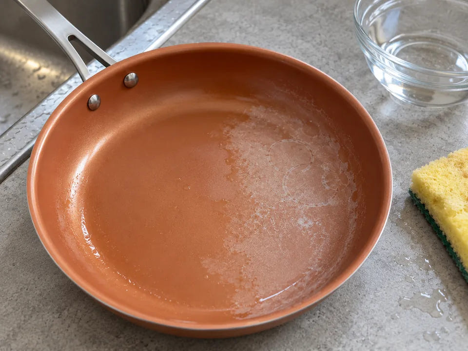 Voile blanc de calcaire sur une poêle en céramique : la moitié gauche, essuyée au vinaigre blanc coupé d'eau, est déjà propre