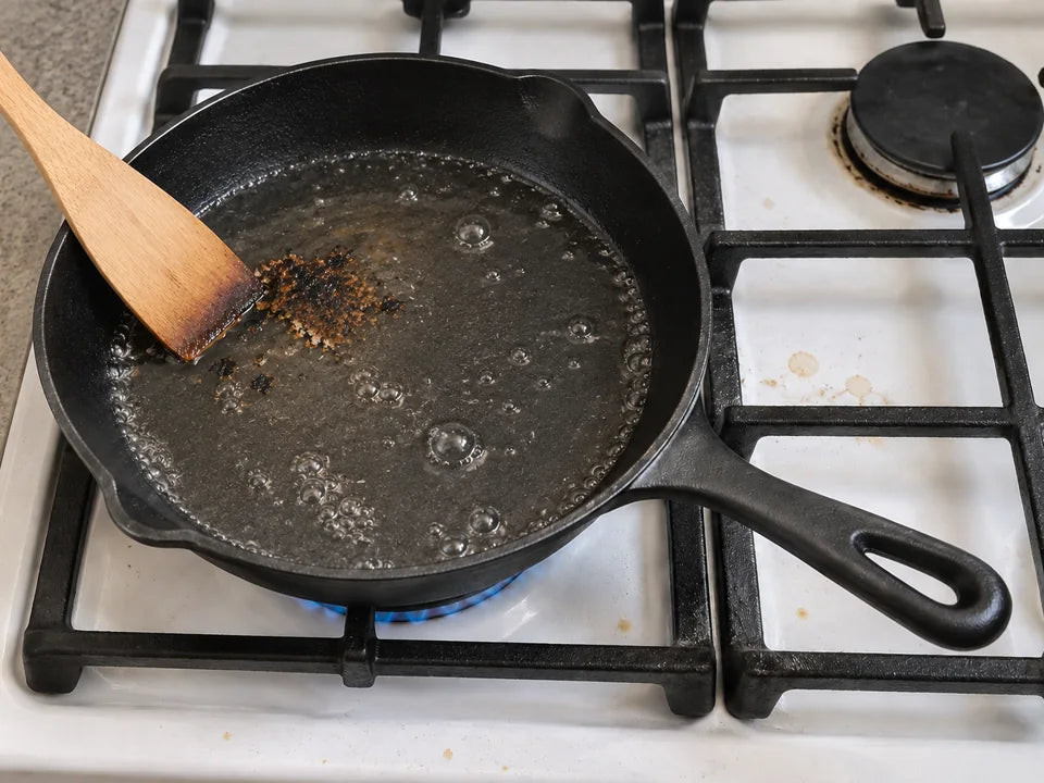 Nettoyer une poêle en fonte brûlée : un peu d'eau qui bout sur le feu et une spatule en bois sous la croûte brûlée