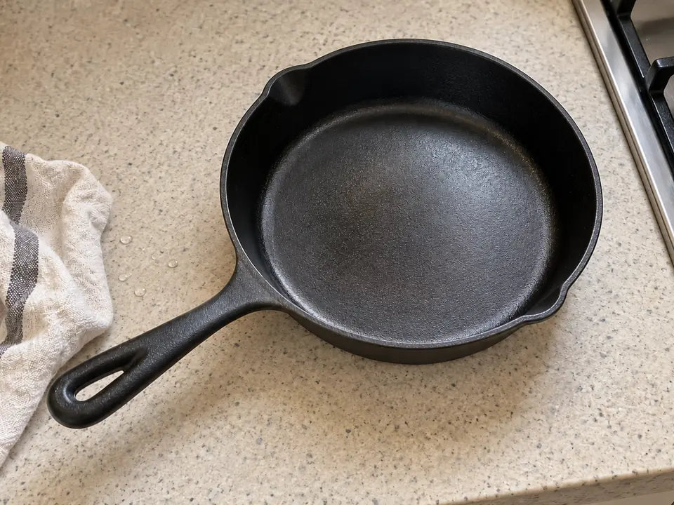 Patine noire et satinée d'une poêle en fonte bien nettoyée, posée sèche sur un plan de travail à côté d'un torchon