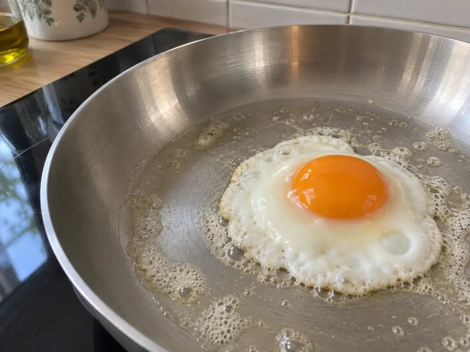 Œuf au plat très frais dans une poêle inox : son blanc épais reste bien groupé autour du jaune