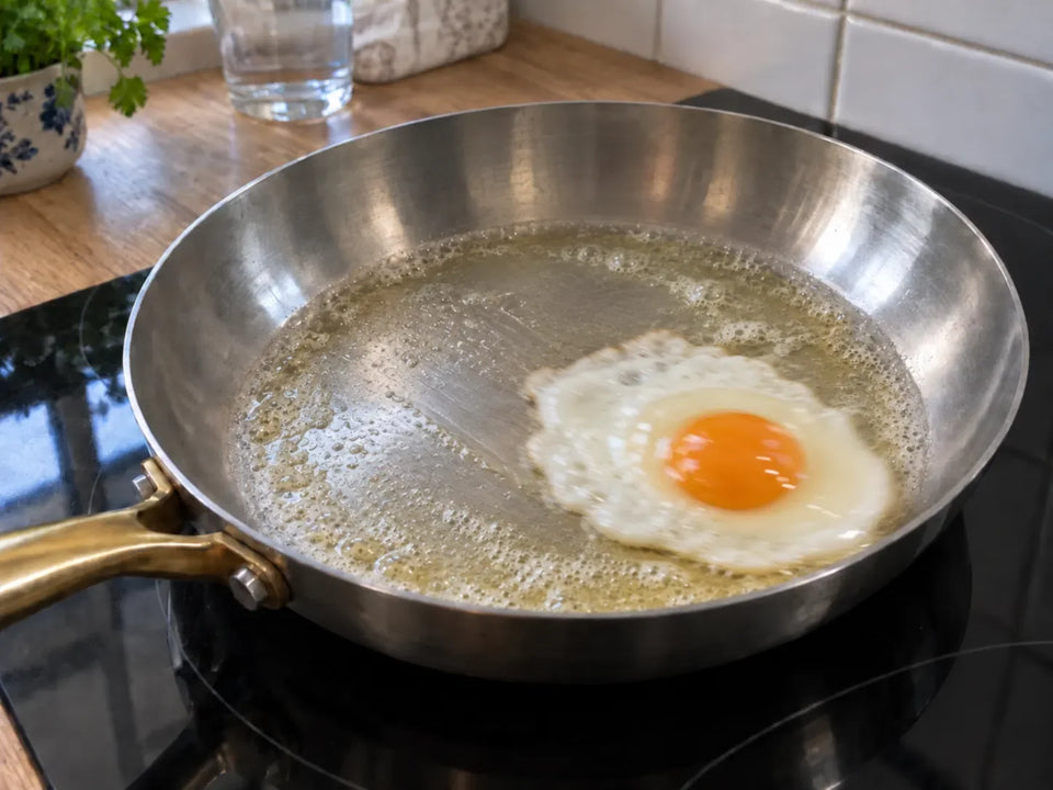 Œuf au plat qui glisse d'un bloc dans une poêle en inox au beurre, sur une plaque à induction