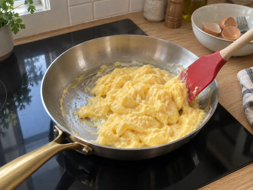 Œufs brouillés crémeux cuits à feu doux dans une poêle en inox, ramenés au centre avec une spatule souple