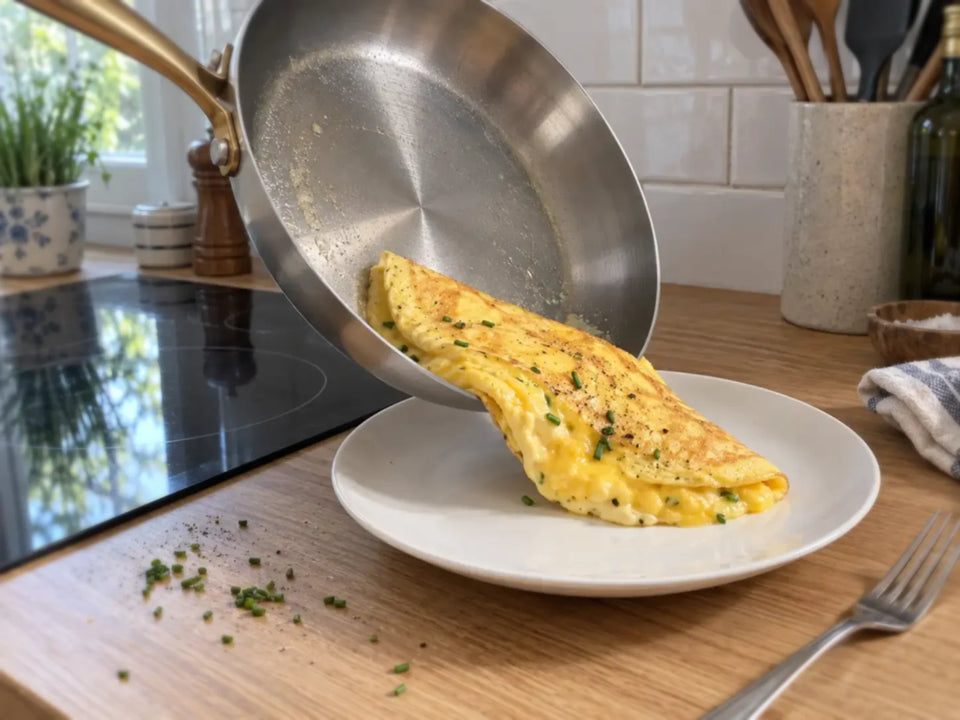 Omelette dorée pliée qui glisse d'une poêle inox vers l'assiette, sans rien laisser accroché