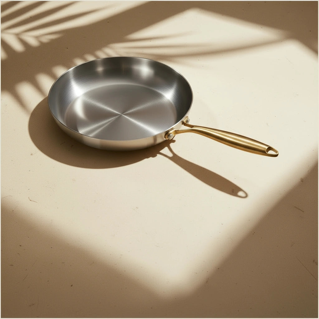 Poêle 24 cm sans PFAS : vue de dessus sur fond beige avec des ombres de feuillage.