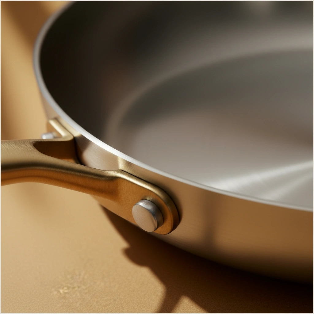 Poêle 28 cm sans PFAS : détail de la fixation du manche et du bord en inox.