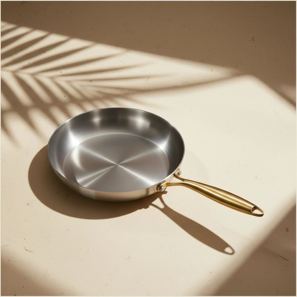 Poêle 30 cm sans PFAS : vue de dessus sur fond beige avec des ombres de feuillage.