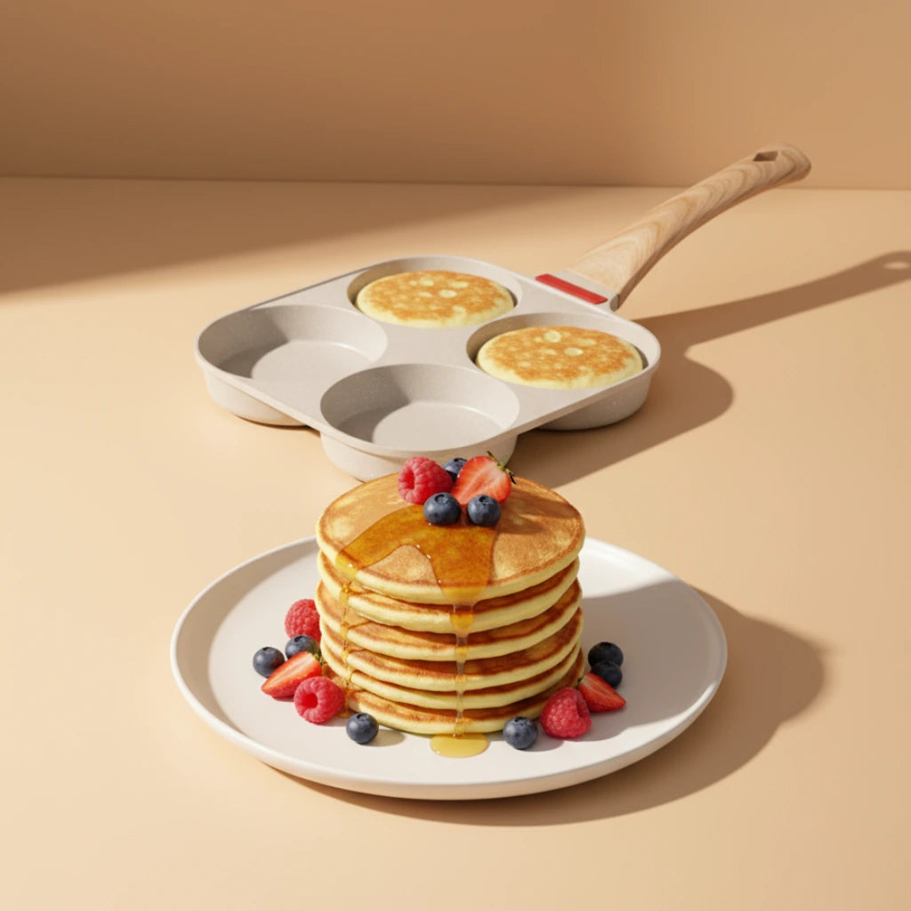 Poêle 4 Pancakes : présentation avec une pile de pancakes au sirop.