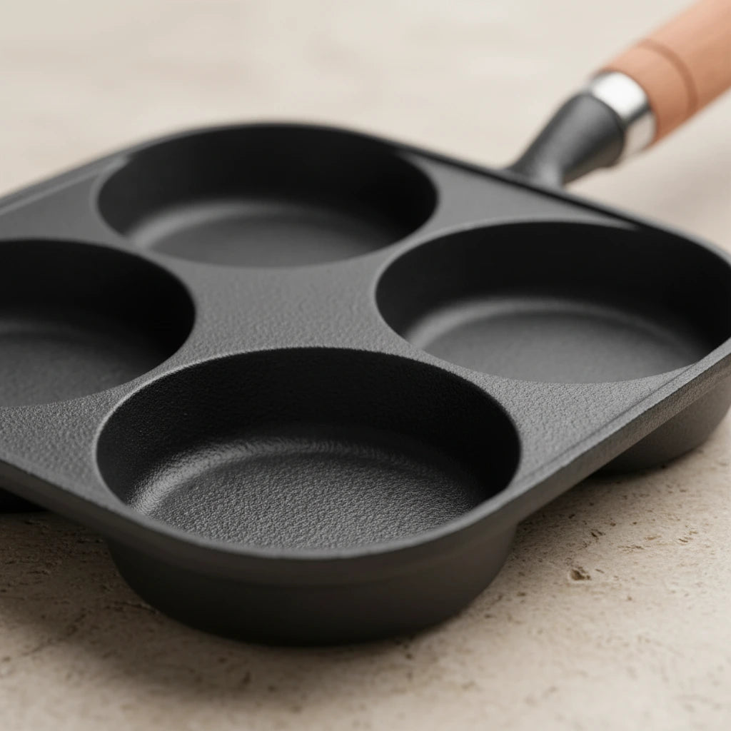 Poêle à Blinis en Fonte 4 Empreintes : vue rapprochée de la surface intérieure.