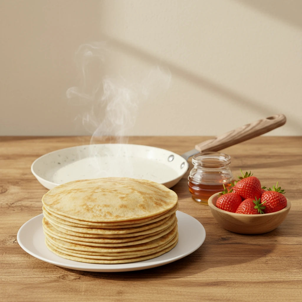 Stack de crêpes chaudes fumantes prêtes à être dégustées avec fraises et miel, poêle à crêpe 18 cm en arrière-plan.