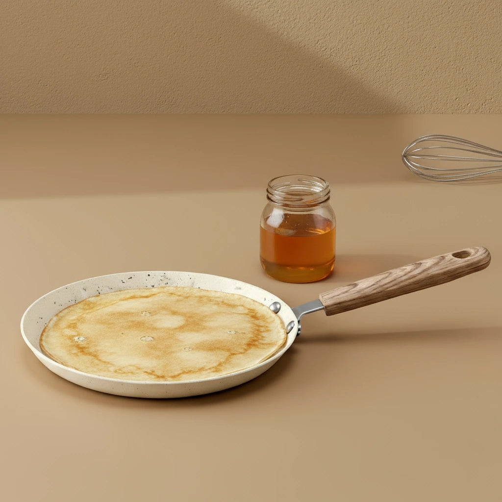 Crêpe parfaitement dorée dans la poêle à crêpe 22 cm effet pierre, à côté d'un pot de miel.