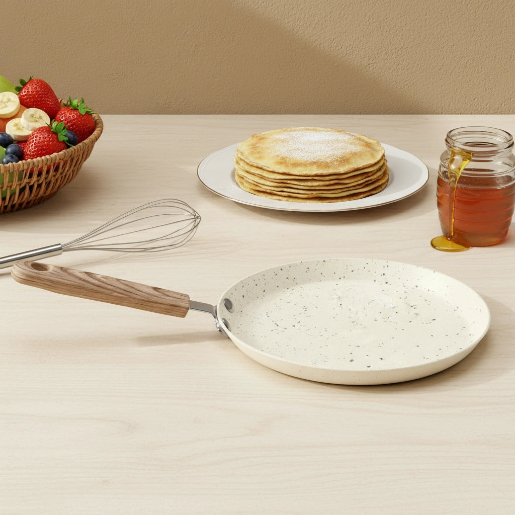 Poêle à crêpe 22 cm : présentation avec une pile de crêpes, du miel et un fouet.