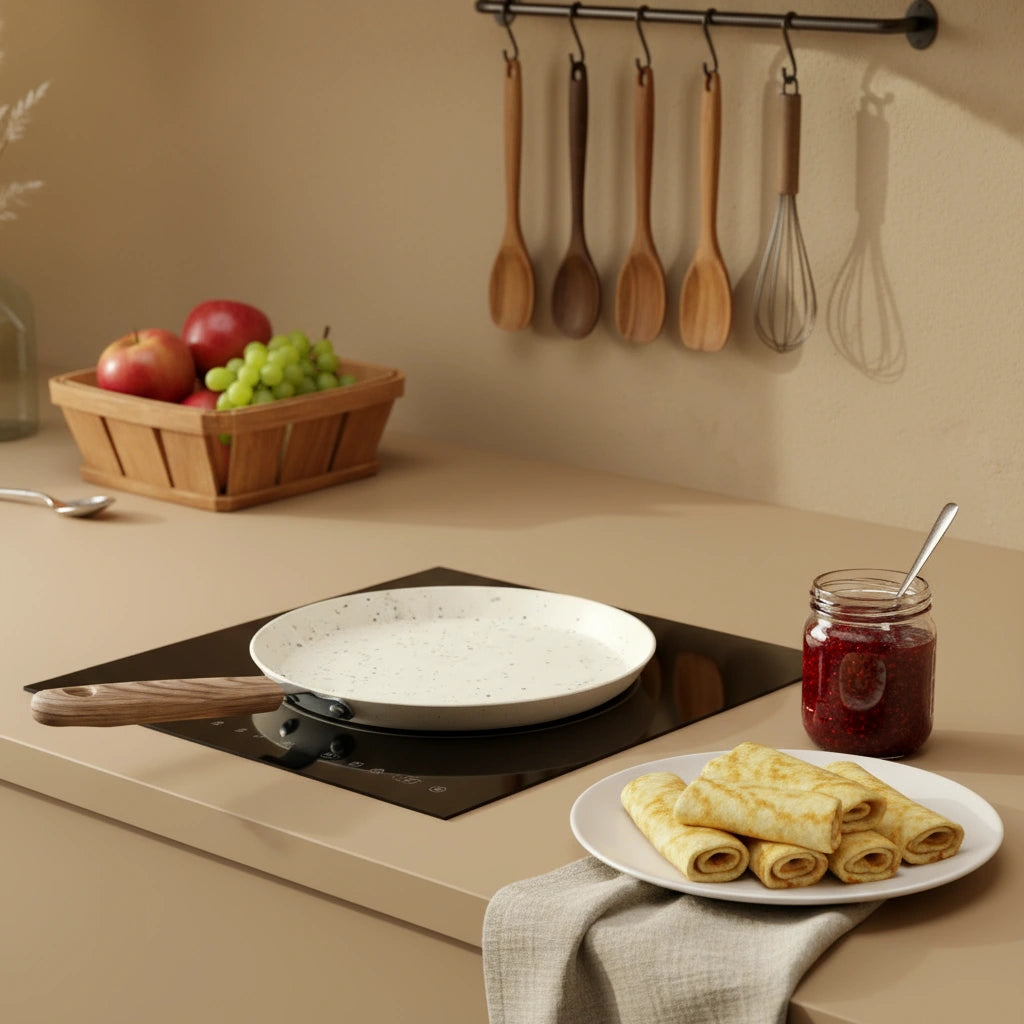 Poêle à crêpe 22 cm effet pierre sur une plaque induction, avec crêpes roulées et confiture en décoration de cuisine.