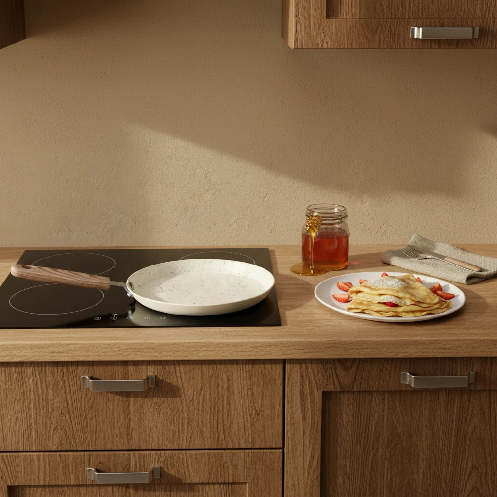 La poêle à crêpe 22 cm posée sur une table de cuisson induction, à côté d'une pile de crêpes aux fraises.