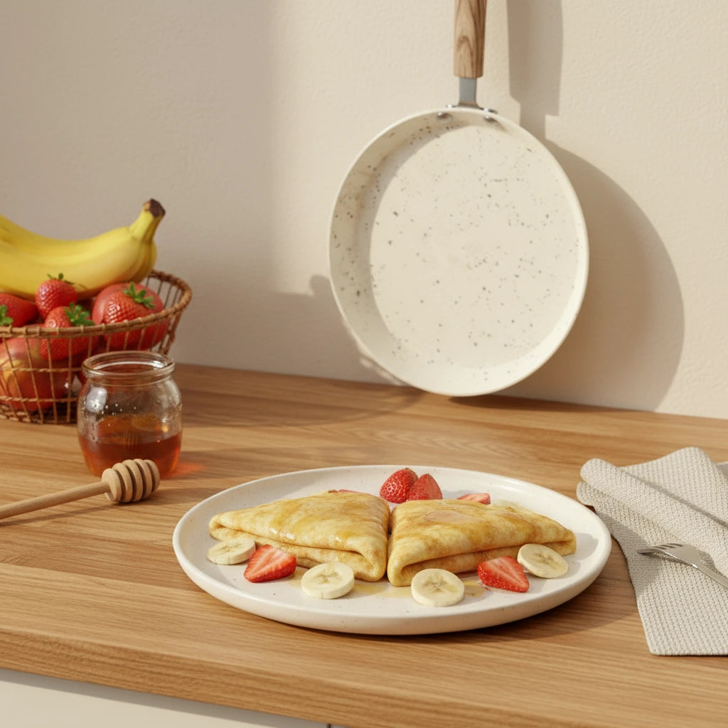 Deux crêpes garnies de bananes et fraises servies sur assiette, la poêle à crêpe 22 cm suspendue en arrière-plan.