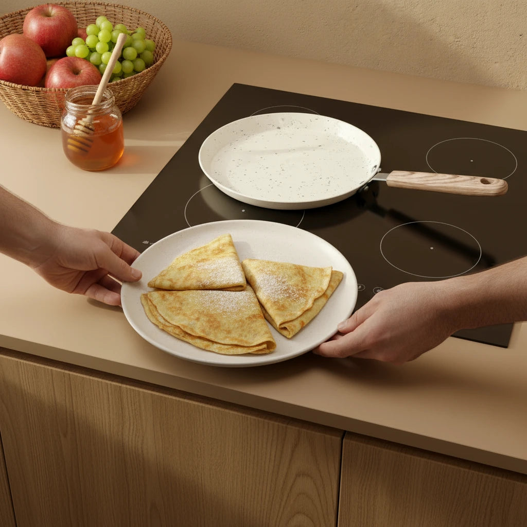 Poêle à crêpe 22 cm : service d’une assiette de crêpes près de la plaque de cuisson.