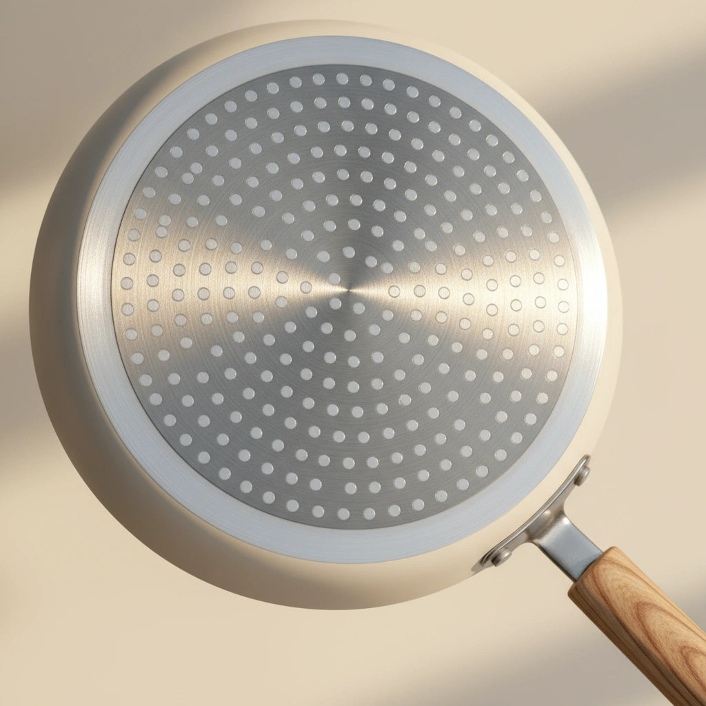 Poêle à crêpe 22 cm : vue du dessous et du disque métallique.
