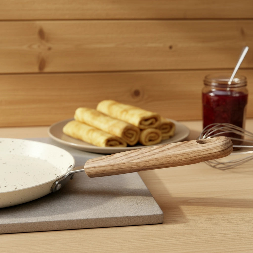Poêle à crêpe 26 cm : détail du manche près de crêpes roulées.
