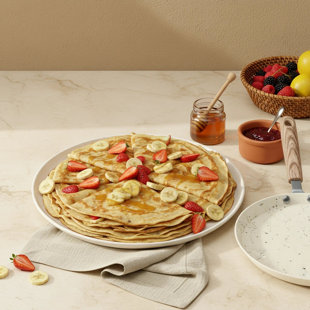 Grande pile de crêpes aux fruits (bananes, fraises) arrosées de miel, à côté de la poêle à crêpe 26 cm effet pierre.
