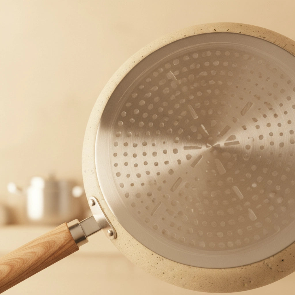 Poêle à crêpe 26 cm : vue du dessous et du disque métallique.