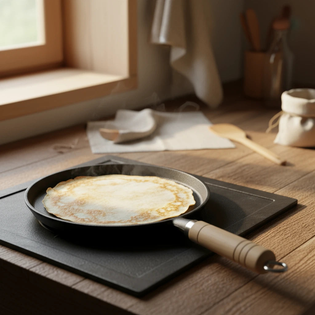 Crêpe fumante dans la poêle à crêpe en fonte 20 cm posée sur un plan de travail en bois près d'une fenêtre ensoleillée, ambiance cuisine.