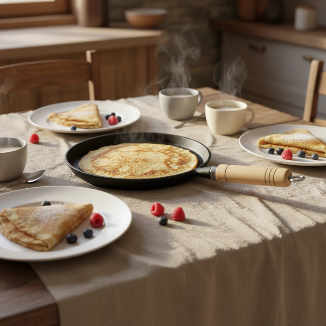 Table de petit-déjeuner avec une poêle à crêpe en fonte 20 cm et plusieurs assiettes de crêpes aux fruits et tasses de café/chocolat chauds.