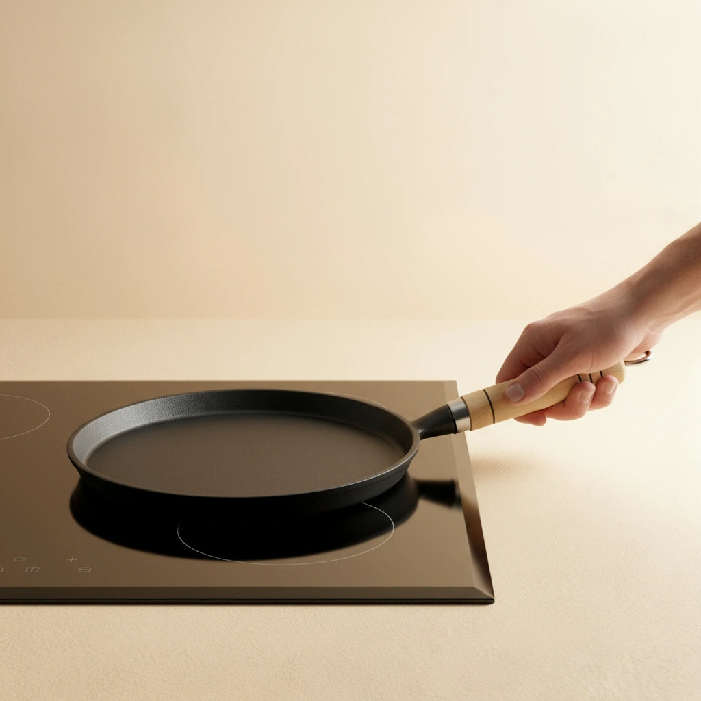 Main tenant la poêle à crêpe en fonte 20 cm sur une plaque à induction noire, montrant sa compatibilité.