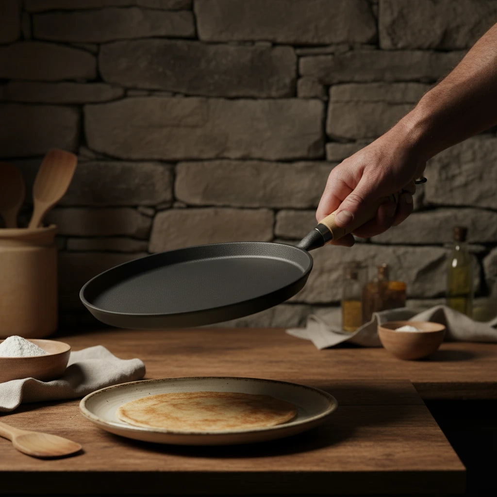Main en train de sauter une crêpe avec la poêle à crêpe en fonte 20 cm dans une cuisine rustique, devant un mur de pierres.