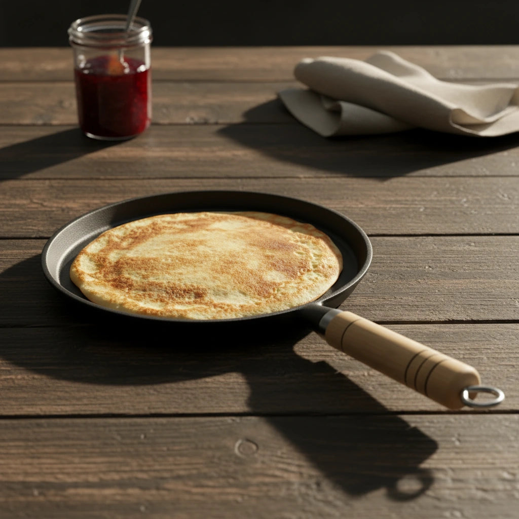 Crêpe dorée dans poêle à crêpe en fonte 23 cm à manche en bois, posée sur table en bois rustique avec pot de confiture.