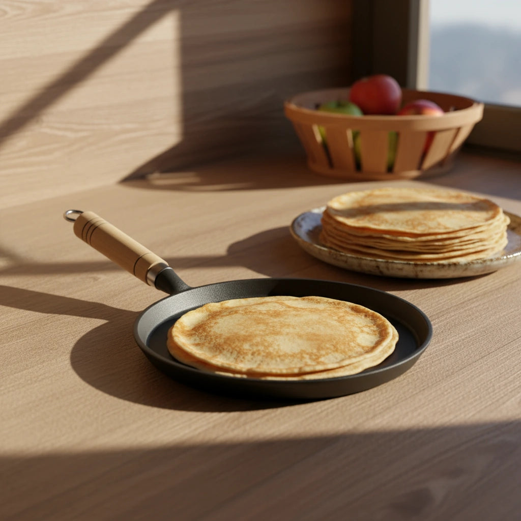 Poêle à crêpe en fonte 23 cm avec une pile de crêpes dorées sur un comptoir en bois, ambiance lumineuse. Idéal pour crêpière maison.