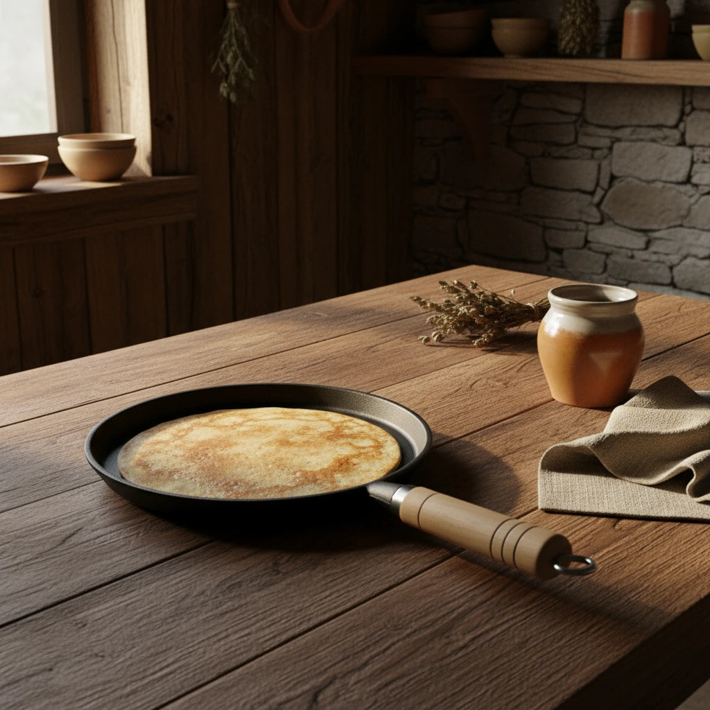 Poêle à crêpe en fonte 23 cm avec une crêpe dorée sur une table en bois rustique, ambiance cuisine authentique.