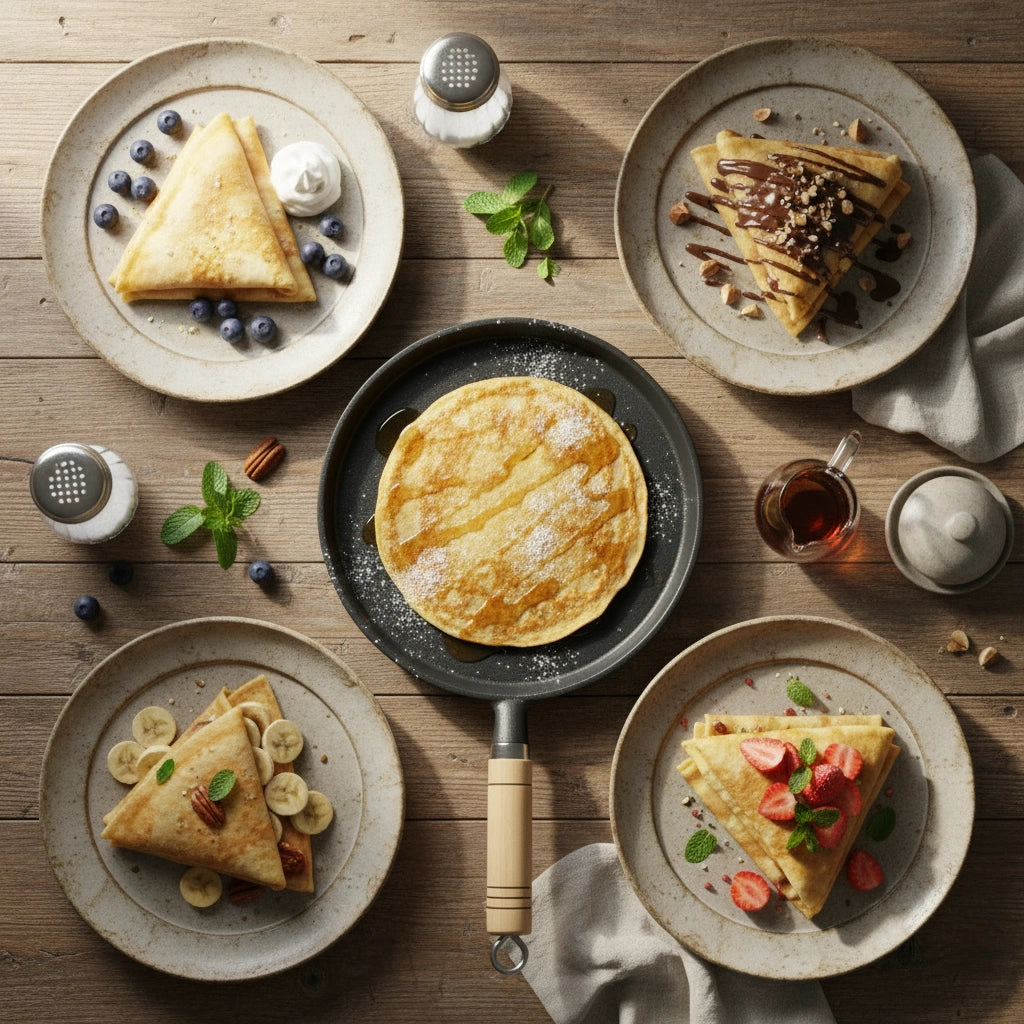 Assortiment de crêpes garnies (fruits, chocolat, sirop) présentées autour de la poêle à crêpe en fonte 26 cm sur une table en bois rustique.