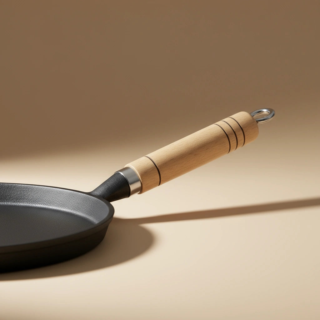 Gros plan sur le manche en bois de la poêle à crêpe en fonte 26 cm avec son anneau de suspension métallique.
