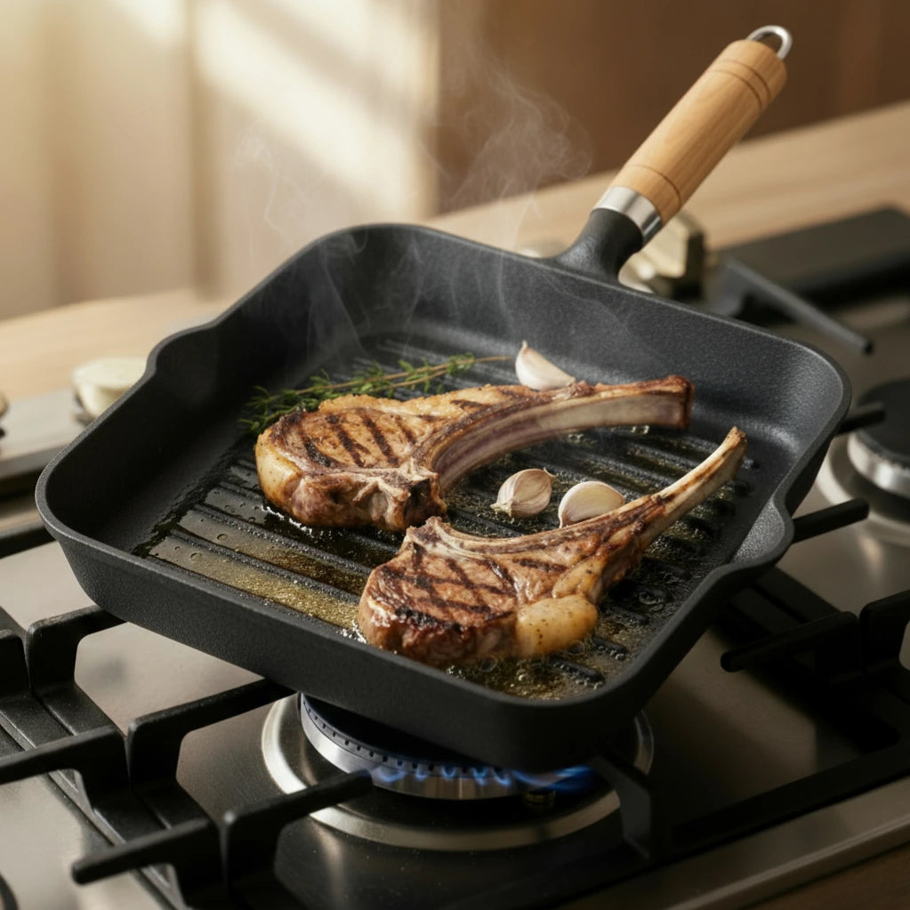 Poêle à Griller en Fonte 22 cm : cuisson de côtelettes sur une flamme à gaz.