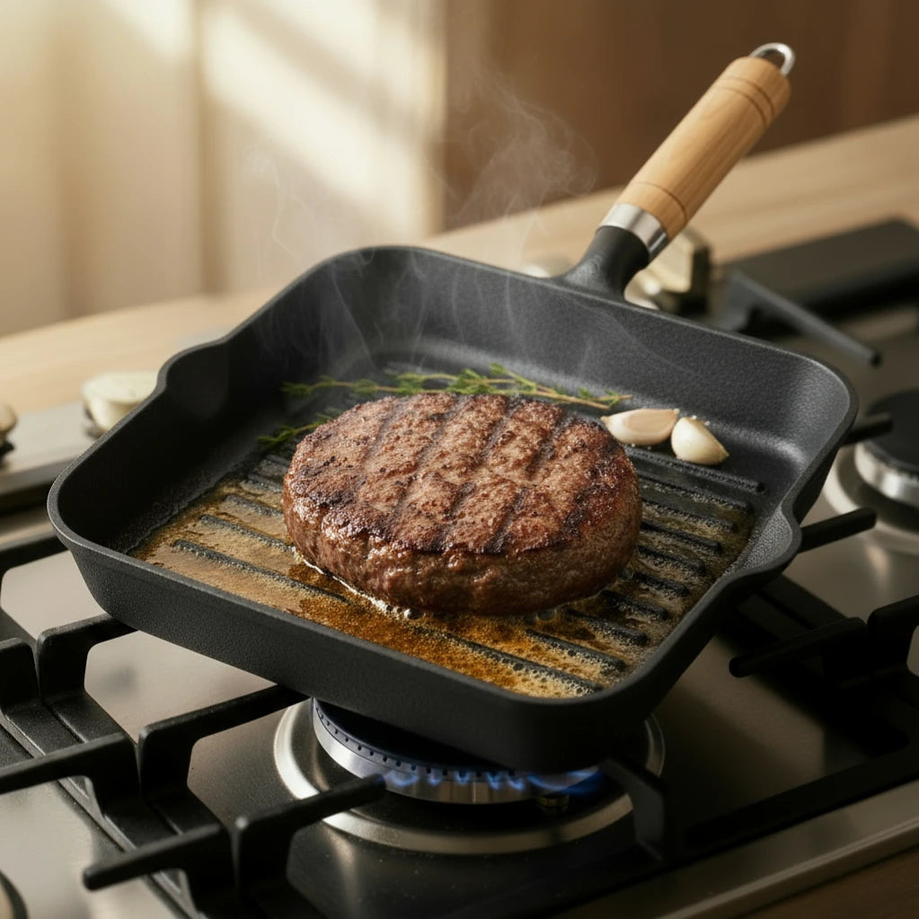Poêle à Griller en Fonte 22 cm : cuisson d’une pièce de viande avec du romarin.