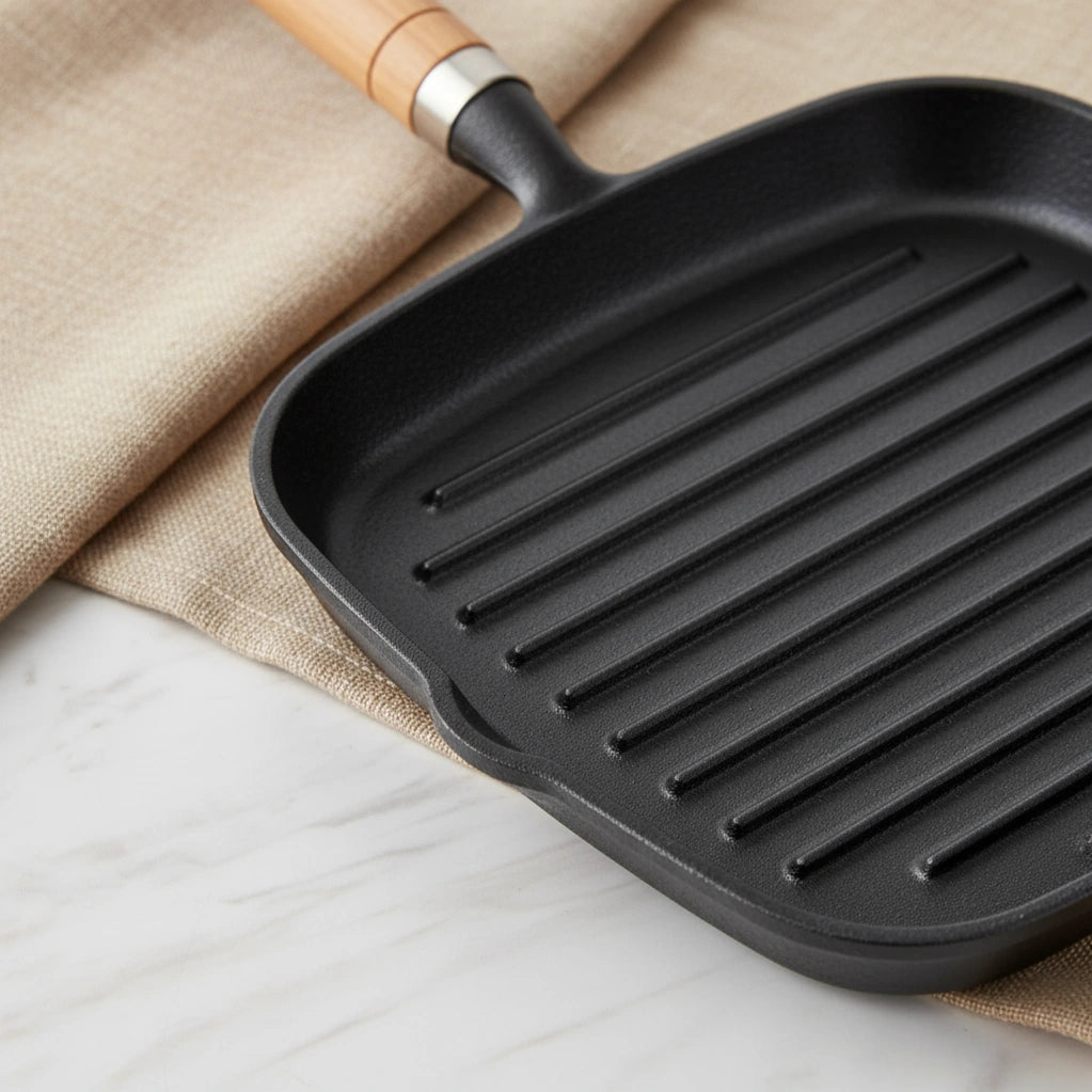 Poêle à Griller en Fonte 22 cm : gros plan sur les rainures et la fixation du manche.