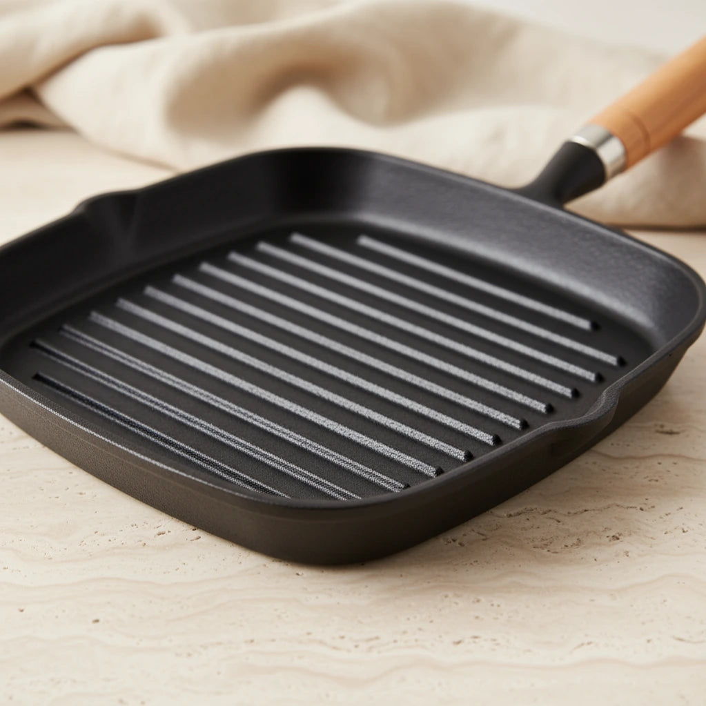 Poêle à Griller en Fonte 22 cm : vue en perspective du fond strié.