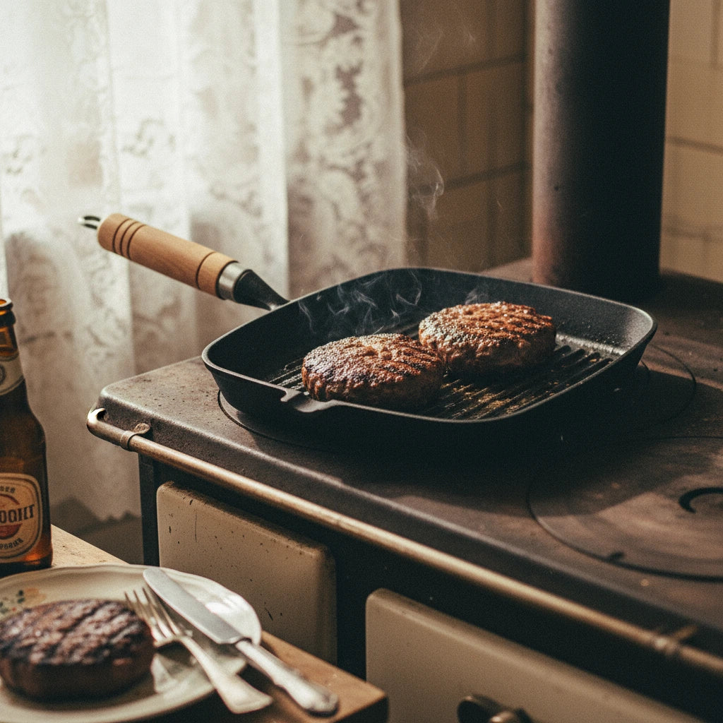 Poêle à Griller en Fonte 24 cm : saisie de deux steaks sur une cuisinière.
