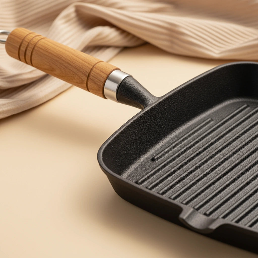 Poêle à Griller en Fonte 24 cm : vue en perspective du manche et du fond strié.