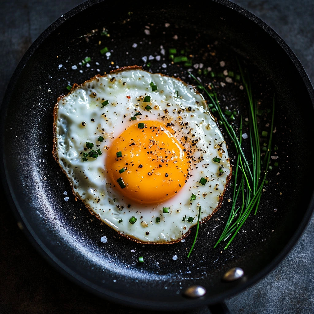 Poêle à œuf 14 cm : œuf au plat assaisonné de poivre et de ciboulette.