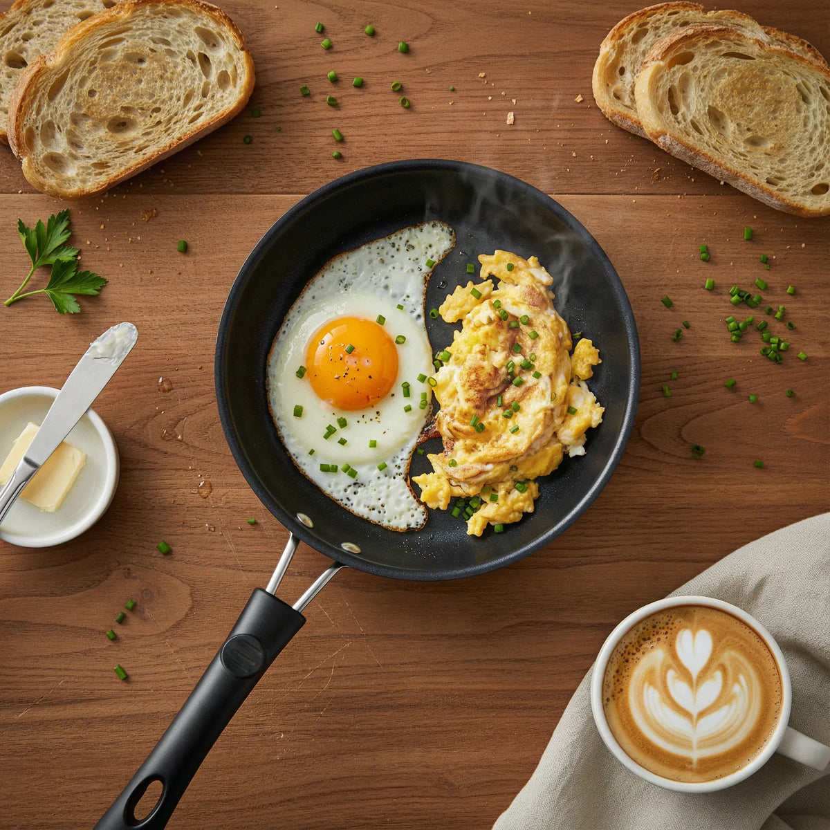 Poêle à œuf 18 cm : présentation d’un œuf au plat et d’œufs brouillés pour le petit-déjeuner.