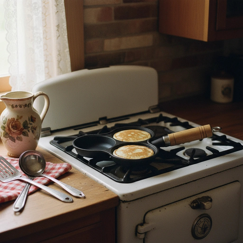 Poêle à Pancake en Fonte 3 Compartiments : cuisson de pancakes sur une cuisinière près d’une fenêtre.
