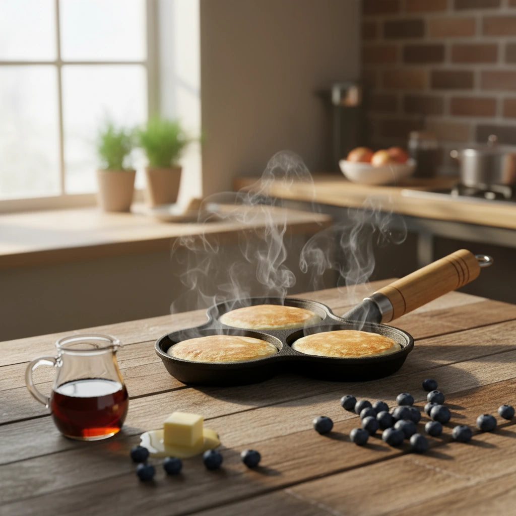 Poêle à Pancake en Fonte 3 Compartiments : pancakes fumants avec sirop et myrtilles.
