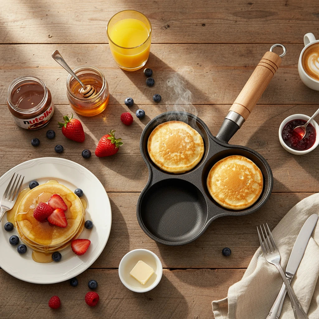 Poêle à Pancake en Fonte 3 Compartiments : présentation avec pancakes, fruits et jus d’orange.