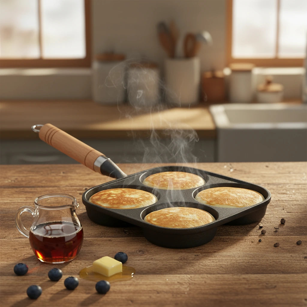 Poêle à Pancake en Fonte 4 Compartiments : pancakes fumants avec sirop et myrtilles.