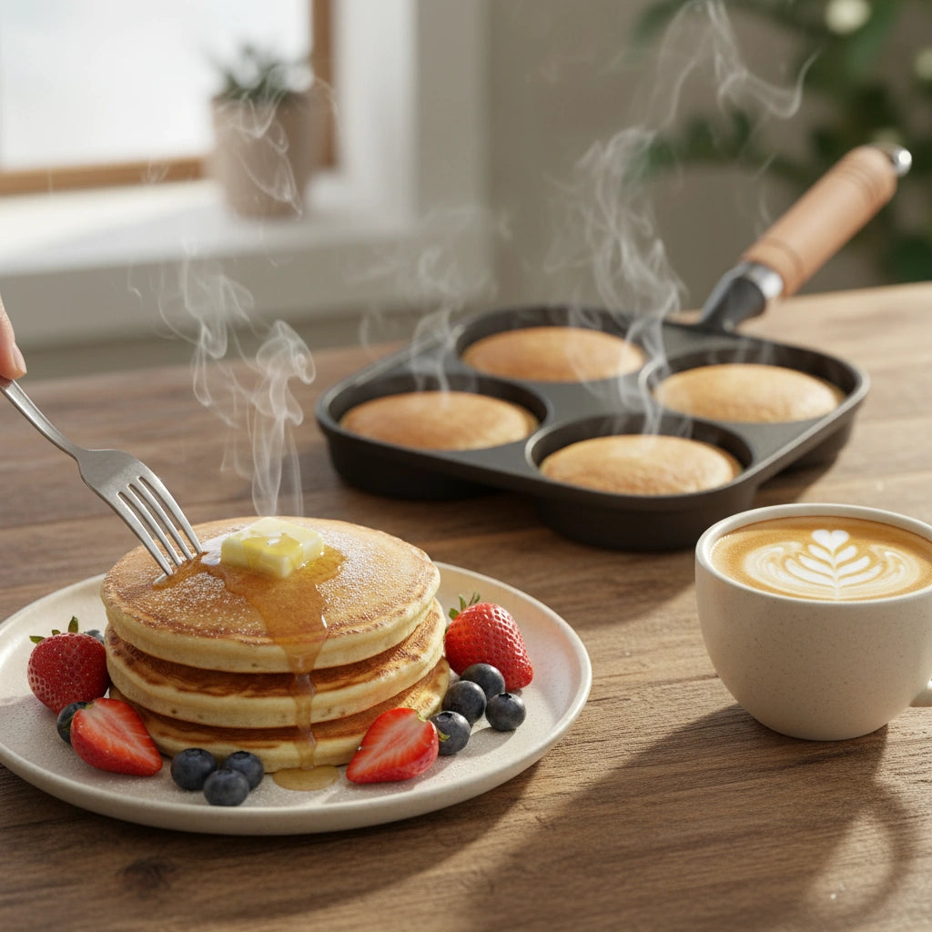 Poêle à Pancake en Fonte 4 Compartiments : pile de pancakes au beurre avec des fruits rouges.