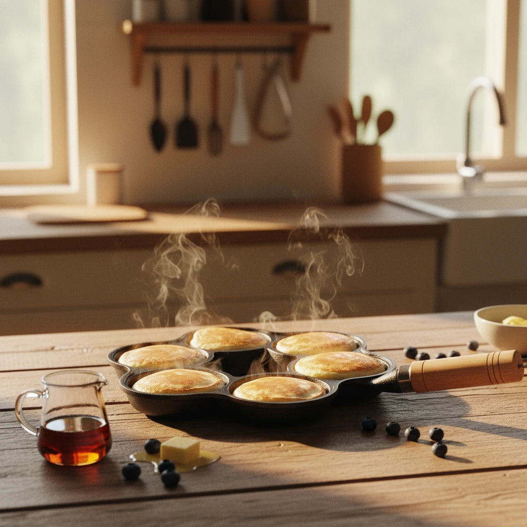 Poêle à Pancake en Fonte 5 Compartiments : pancakes fumants sur une table avec des myrtilles.