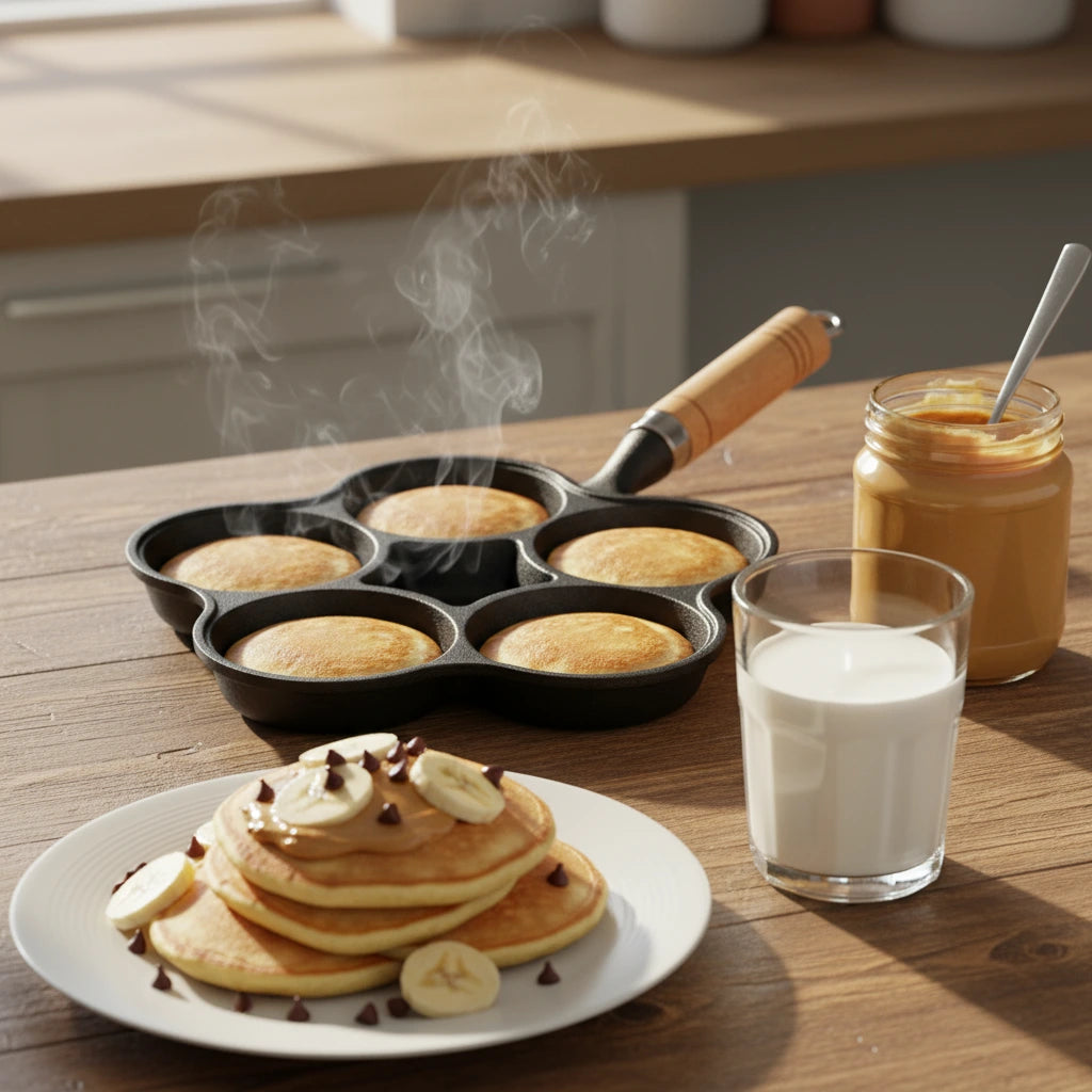 Poêle à Pancake en Fonte 5 Compartiments : service de pancakes à la banane avec un pot de miel.