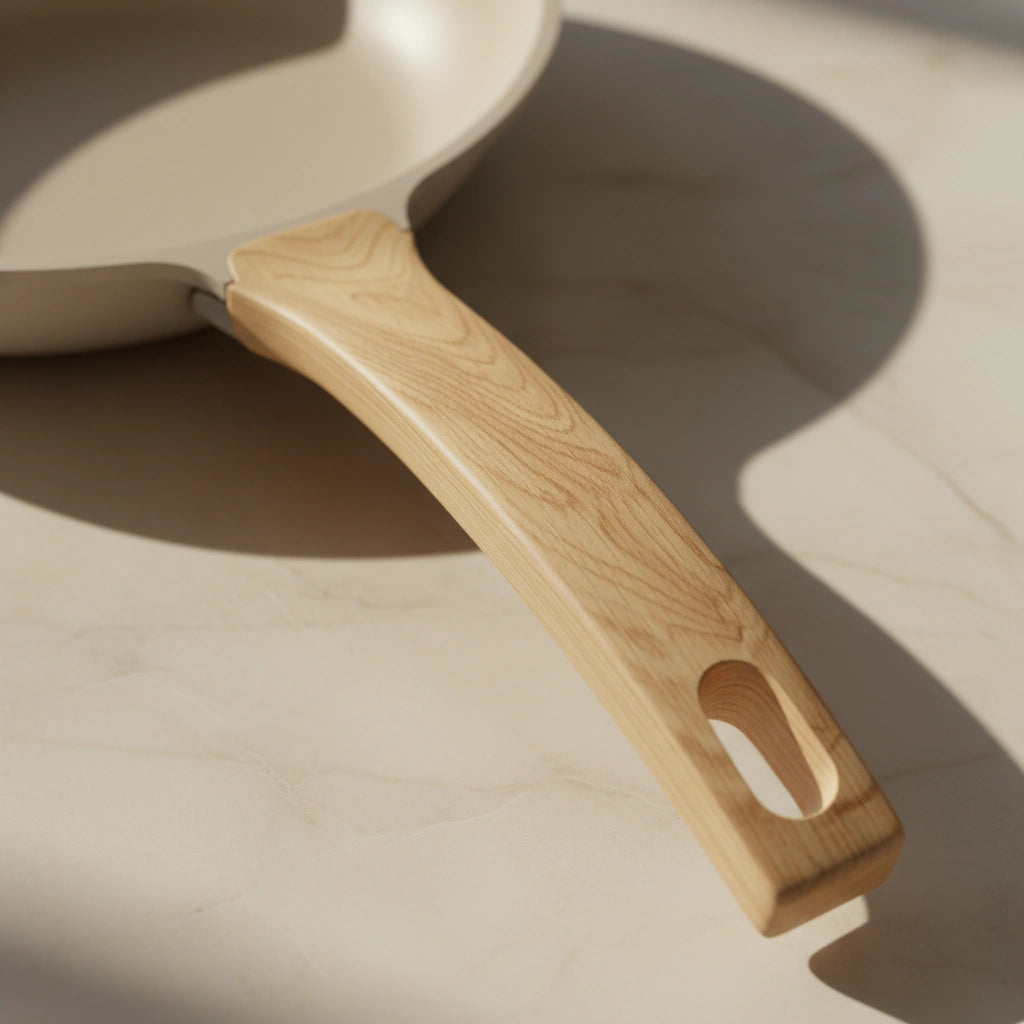Détail du manche en bois de la poêle antiadhésive 28 cm, soulignant sa forme ergonomique et son aspect naturel.
